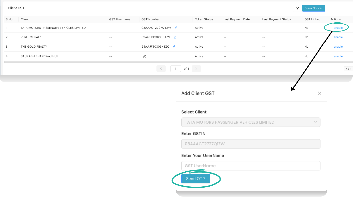 Client GST list with enable action and Add Client GST popup