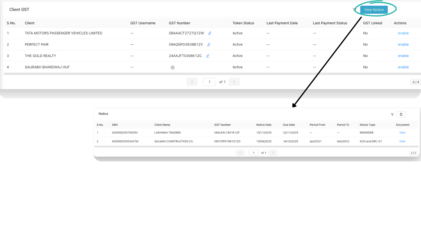 GST Notice list with View Notice button