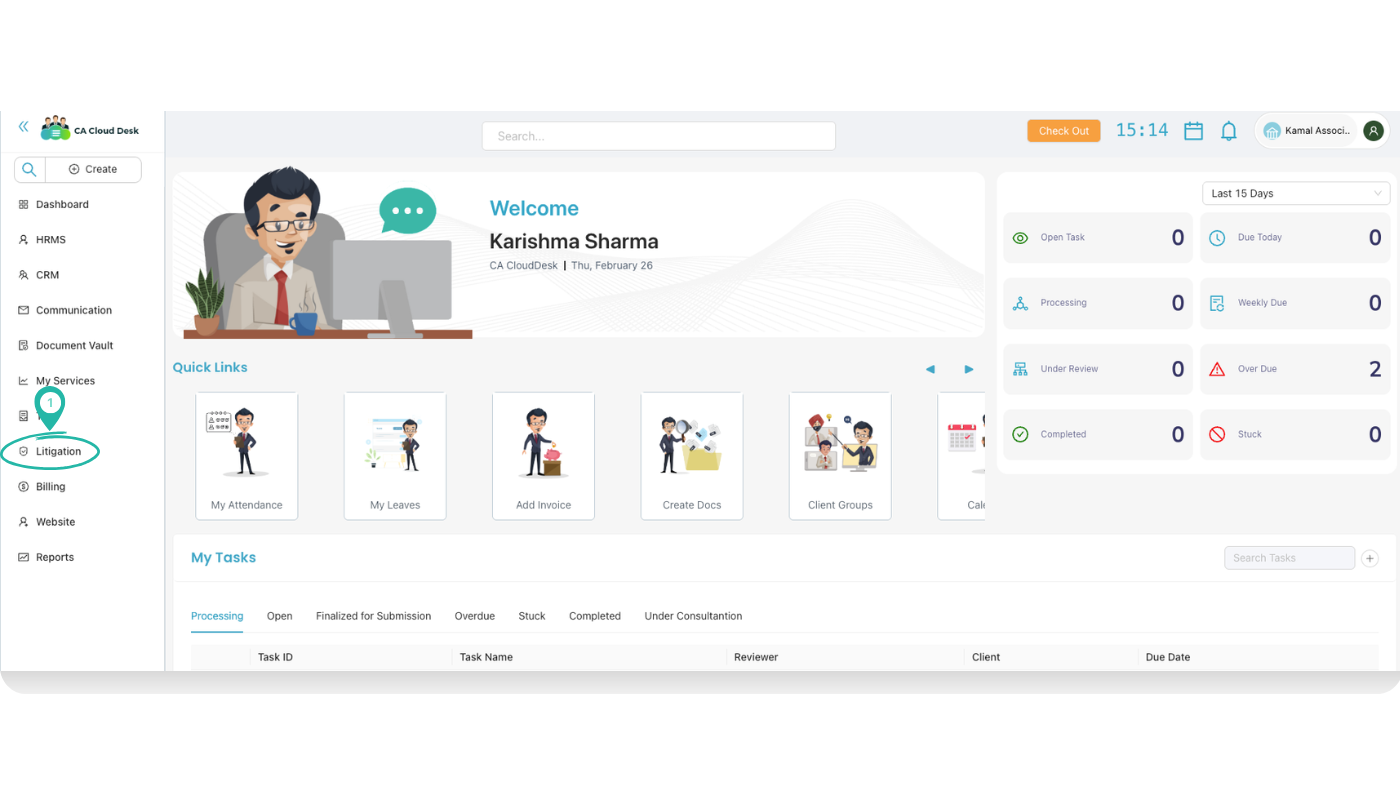 Dashboard with Litigation menu highlighted