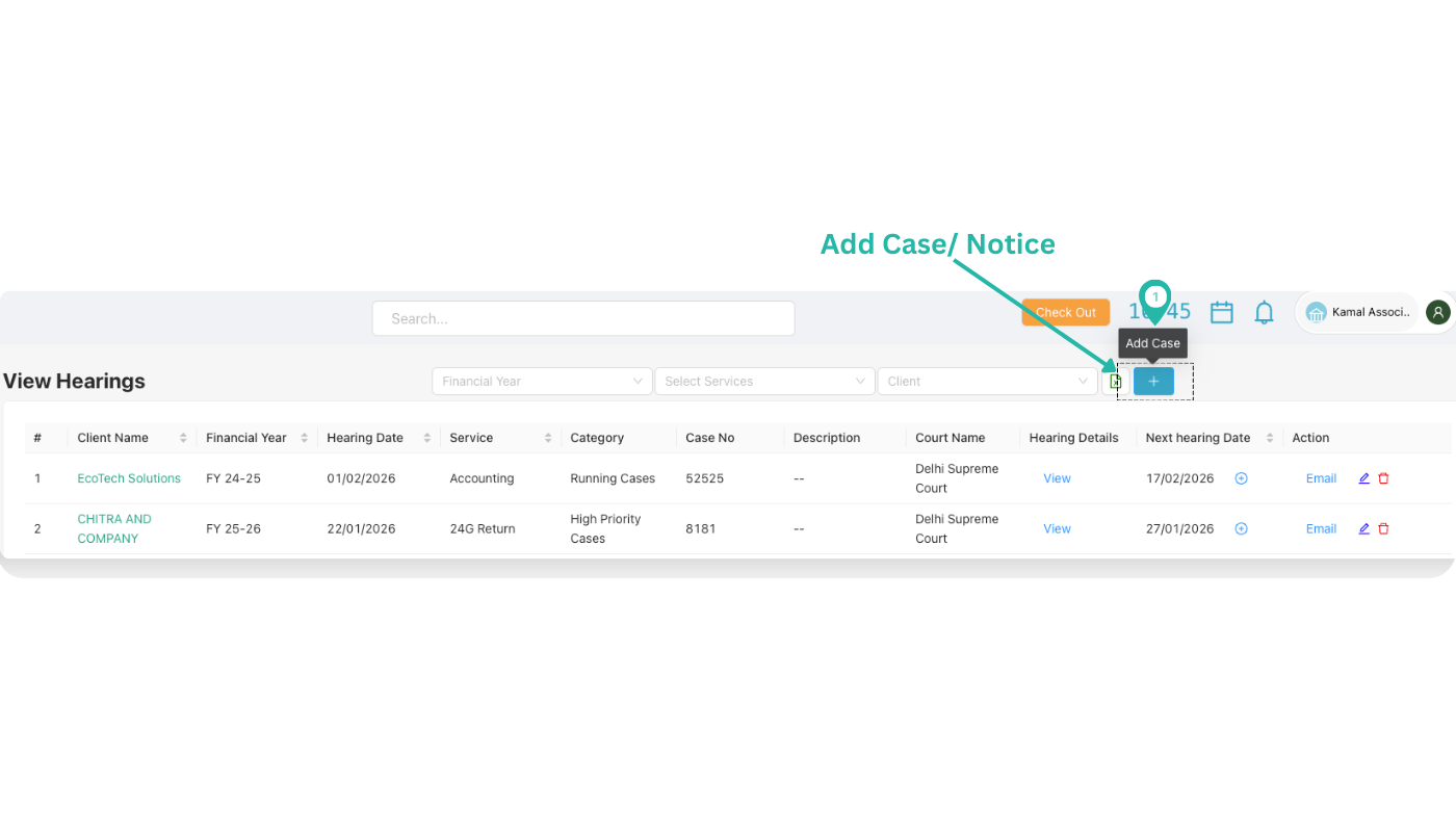 View Hearings list with add case plus icon