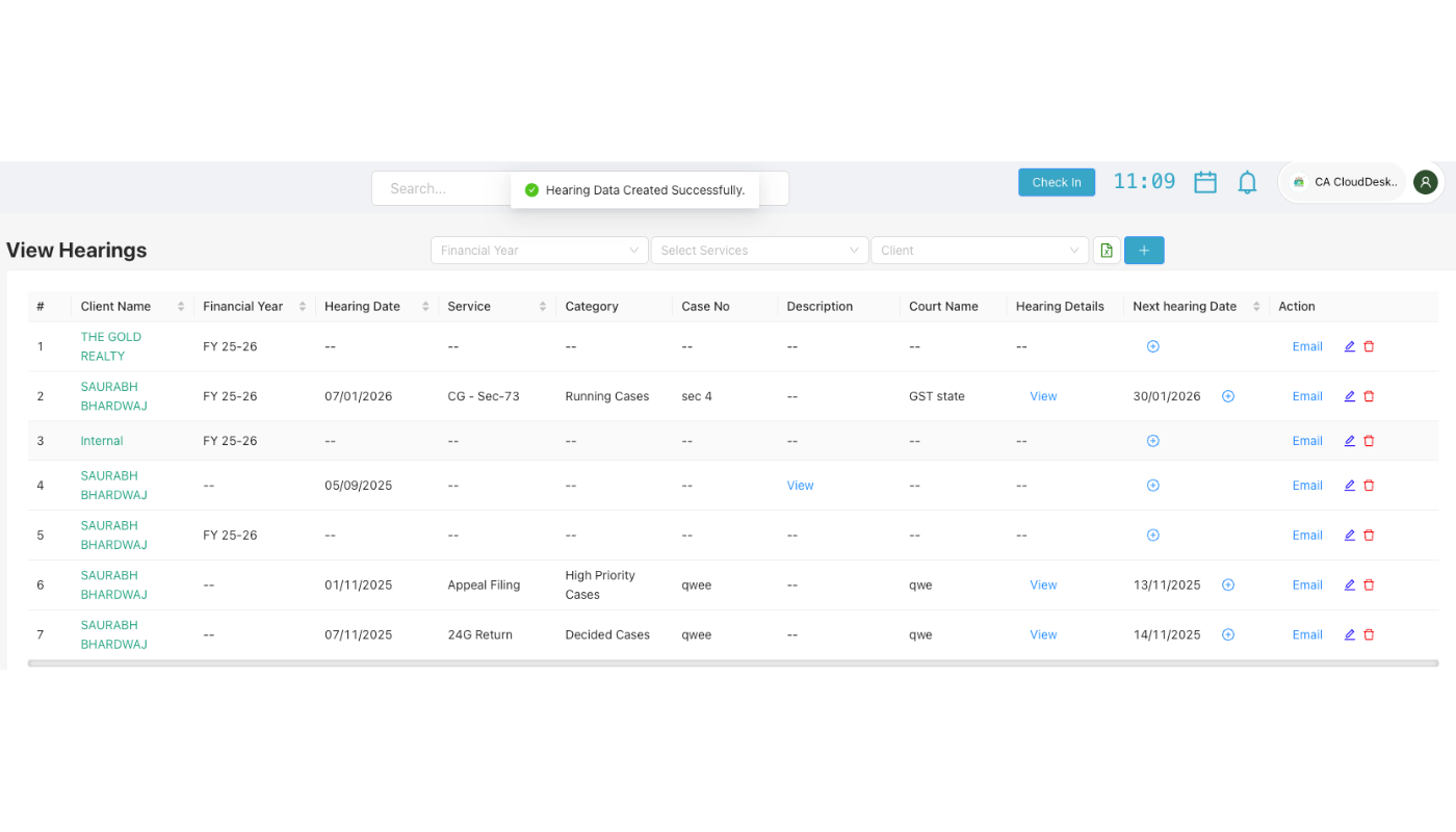 View Hearings screen showing Hearing Data Created Successfully message