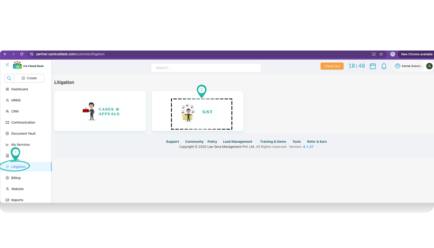 Litigation screen showing GST option