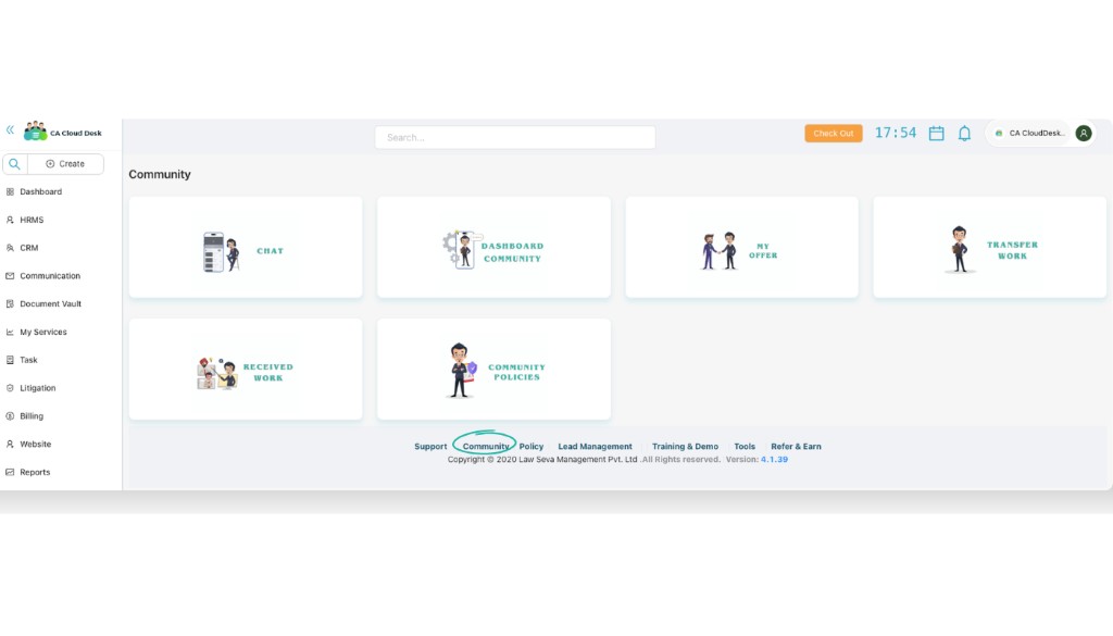 Community home screen showing tiles for Chat, Dashboard Community and other options