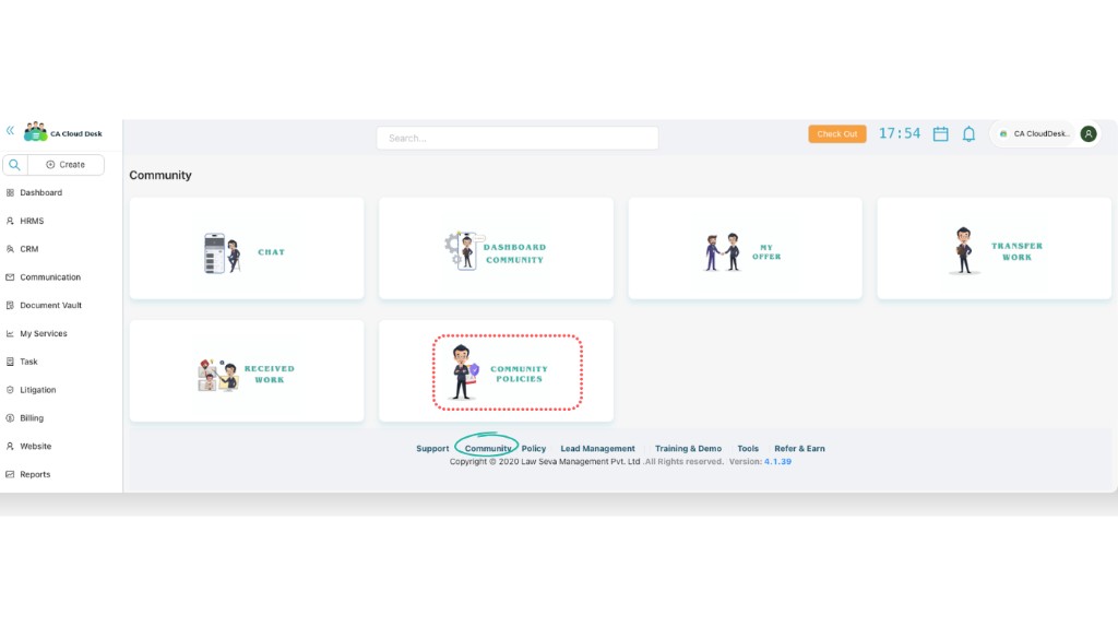 Community Policies tile highlighted on Community home