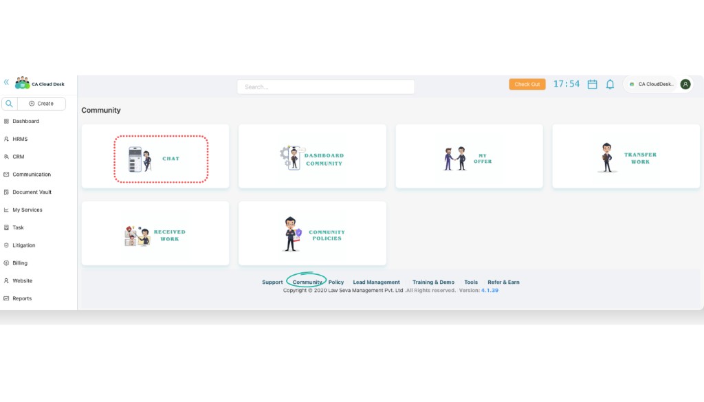 Chat tile highlighted on the Community home page
