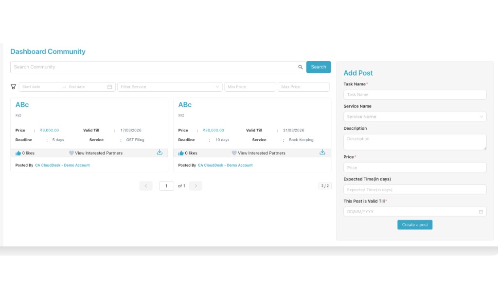 Dashboard Community screen with Add Post form and existing posts