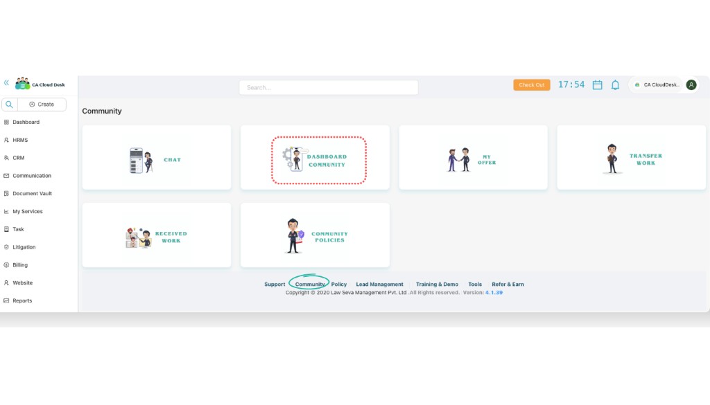 Dashboard Community tile highlighted on Community home