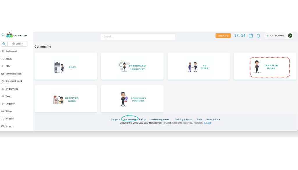 Transfer Work tile highlighted on Community home