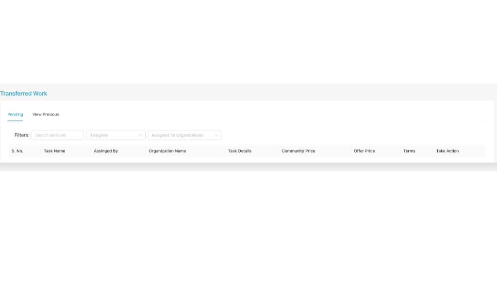 Transferred Work list with filters and columns