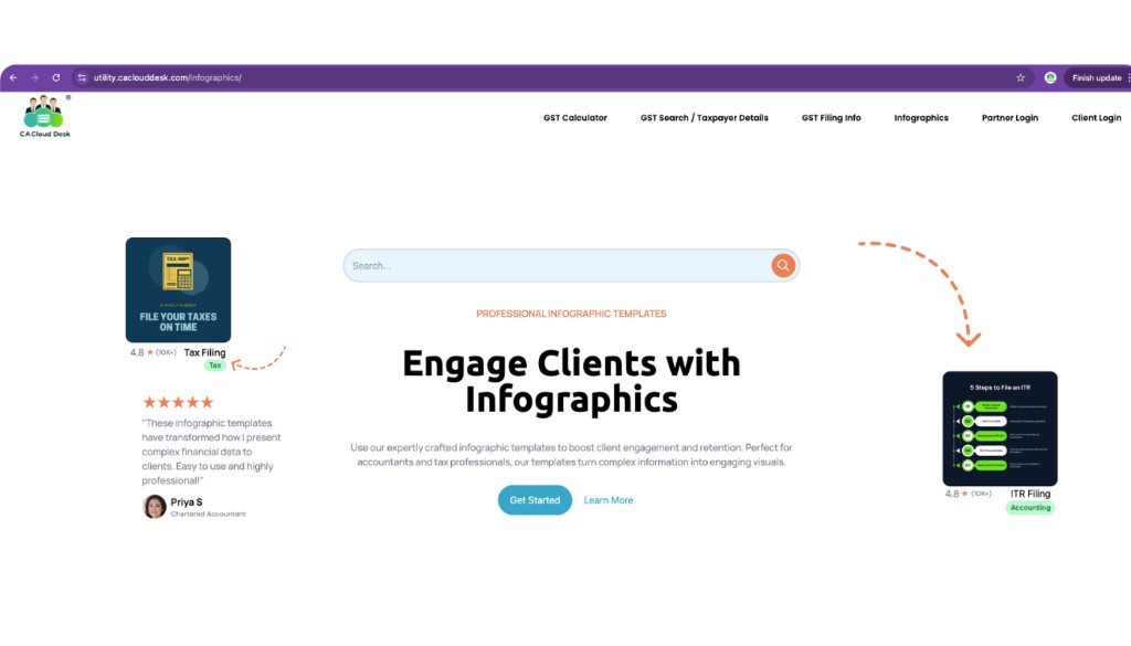 Infographics landing page with search bar and featured templates