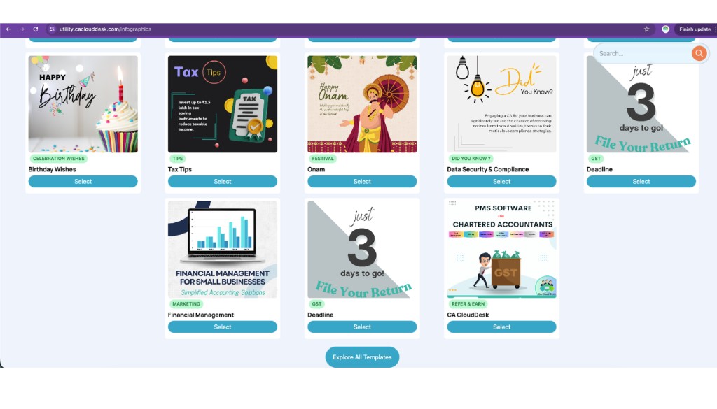 Grid of infographic templates including Tax Tips and Financial Management
