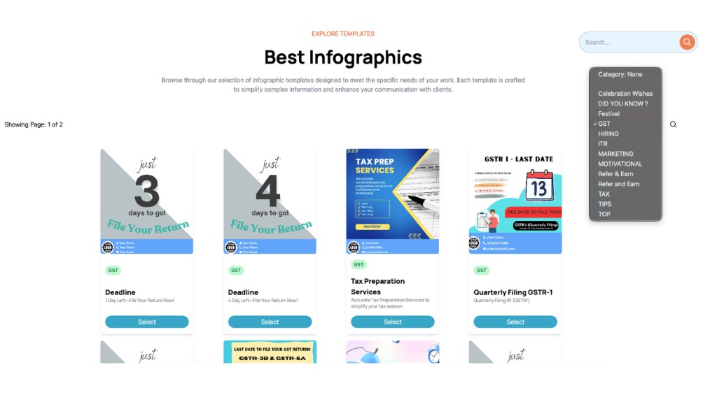 Best Infographics page with Category filter dropdown