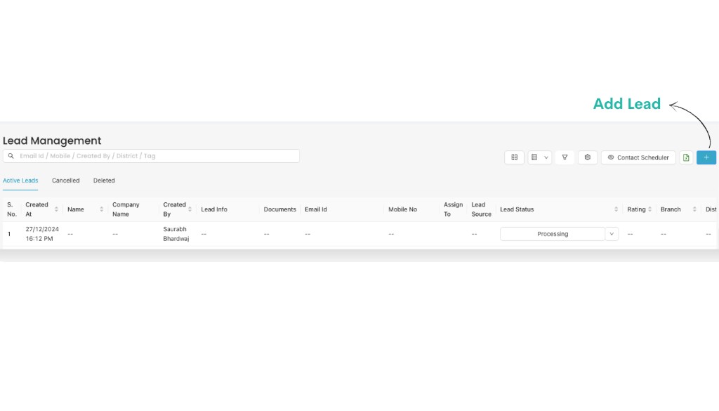 Lead Management screen with Active Leads, Cancelled and Deleted tabs and Add Lead button