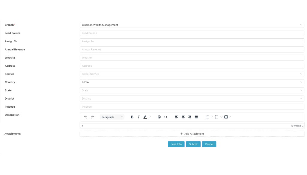 Add Lead form with More Info expanded showing branch, lead source and other fields