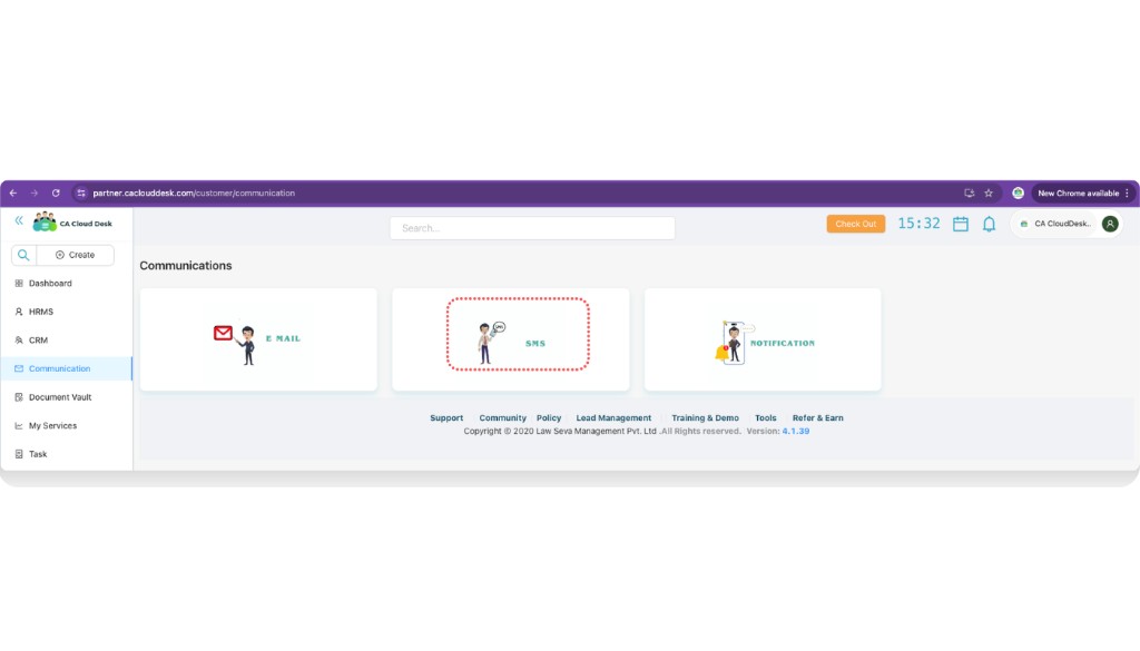 Communications page showing Email, SMS and Notification tiles