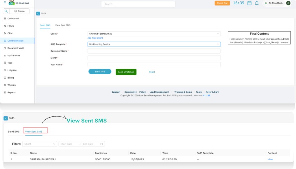 Send SMS form with client, template and final content preview