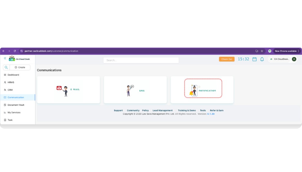 Communications page showing Email, SMS and Notification tiles