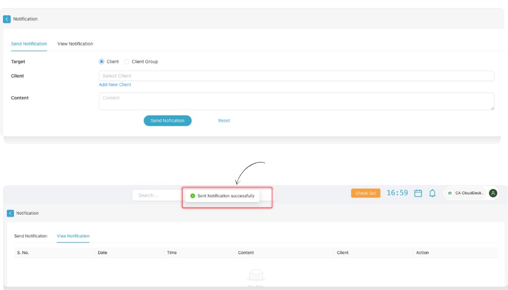 Send Notification form and success message