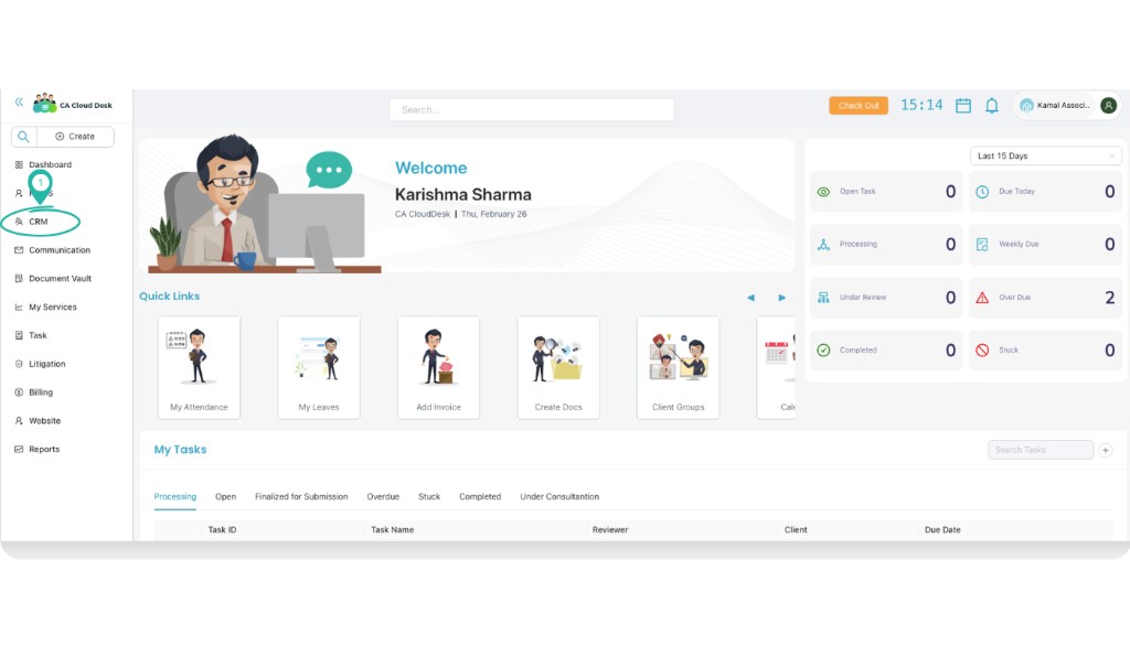 Client Desk screen in CA CloudDesk CRM with list of clients and summary widgets