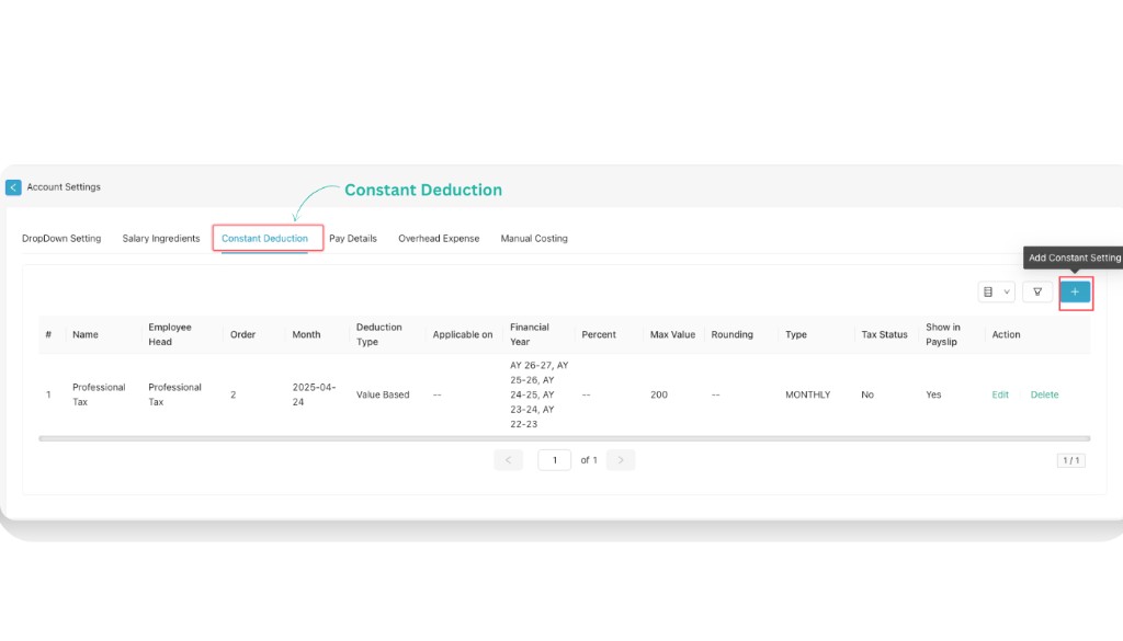 Constant Deduction list with Add Constant Setting plus button