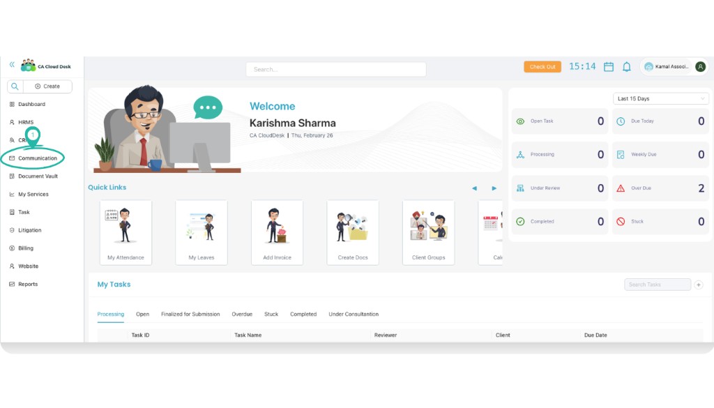Dashboard with Communication menu highlighted