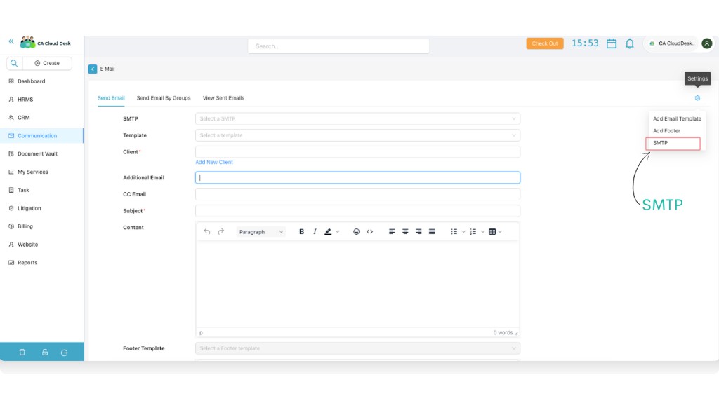 Send Email screen highlighting Settings icon and SMTP option