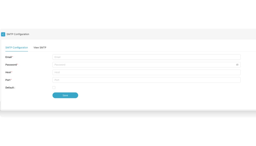 SMTP configuration form with Email, Password, Host, Port and Default fields