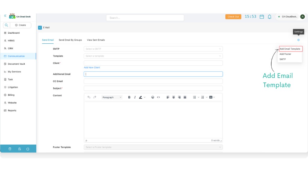 Send Email screen highlighting Add Email Template option