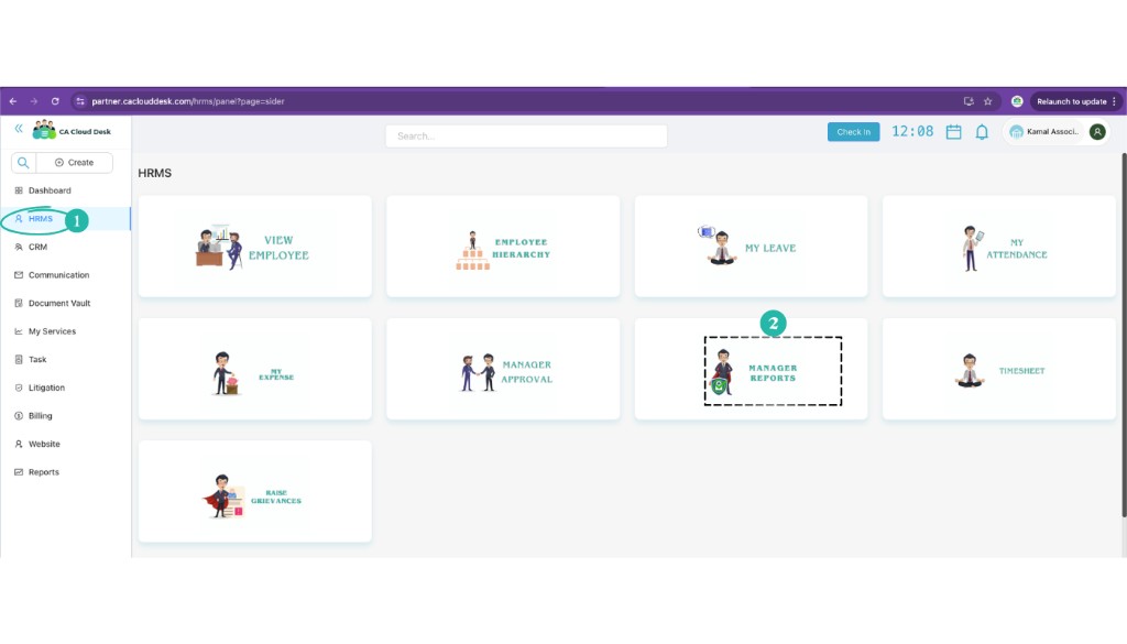 Dashboard with HRMS selected and Manager Reports card