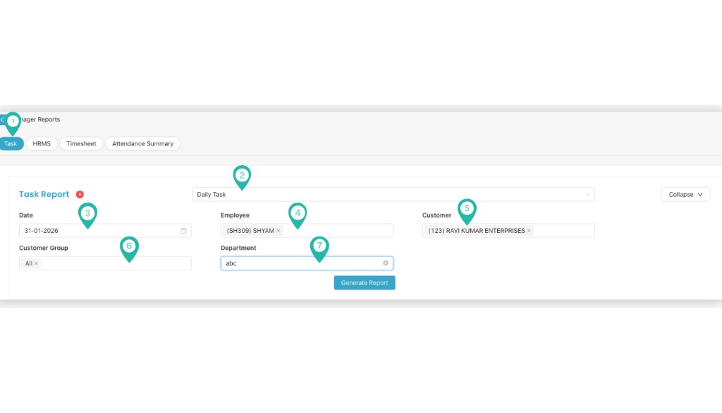 Manager Reports with Task, HRMS, Timesheet, Attendance Summary tabs