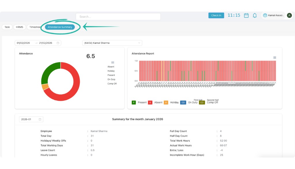 Attendance Summary with date range, employee, donut chart, bar chart and monthly summary table