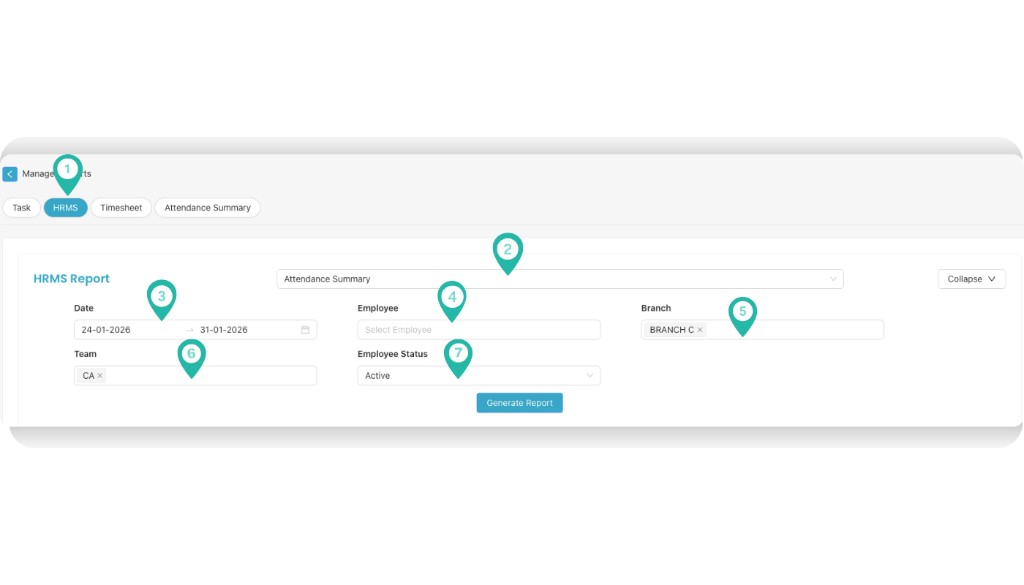 HRMS Report form with date range, employee, branch, team, employee status and Generate Report