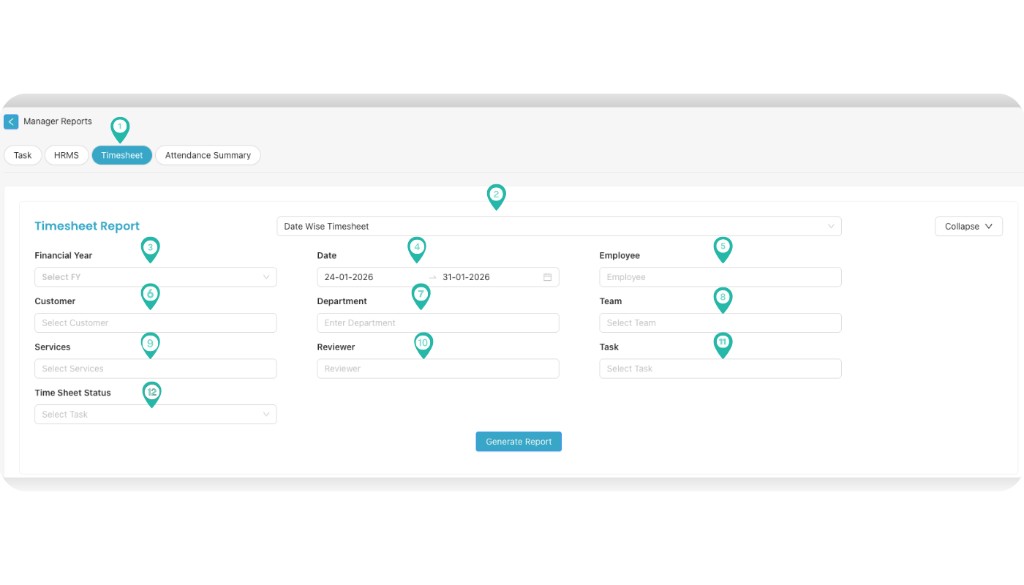 Timesheet Report form with Financial Year, Date Range, Employee, Customer, Department, Team, Services, Reviewer, Task, Time Sheet Status and Generate Report