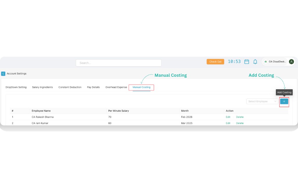 Manual Costing list with Add Costing plus icon