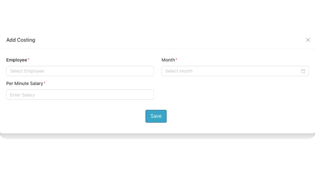 Add Costing form with Select Employee, Month, Per Minute Salary, Save