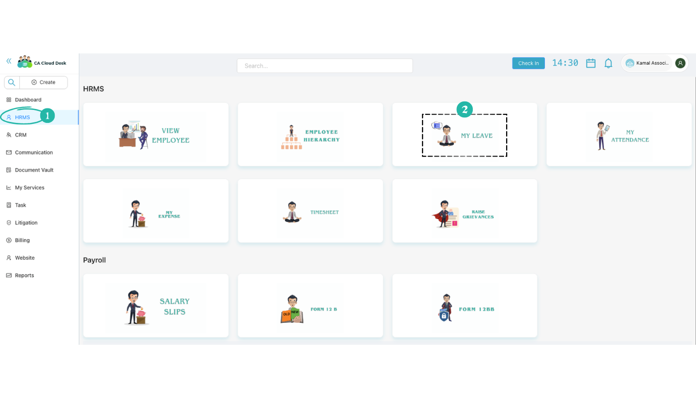 Dashboard with HRMS selected and My Leave card
