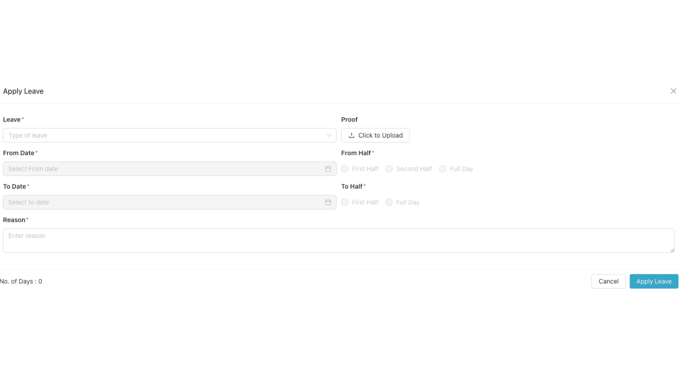 Apply Leave form with Leave, From/To date, half, Reason, Proof