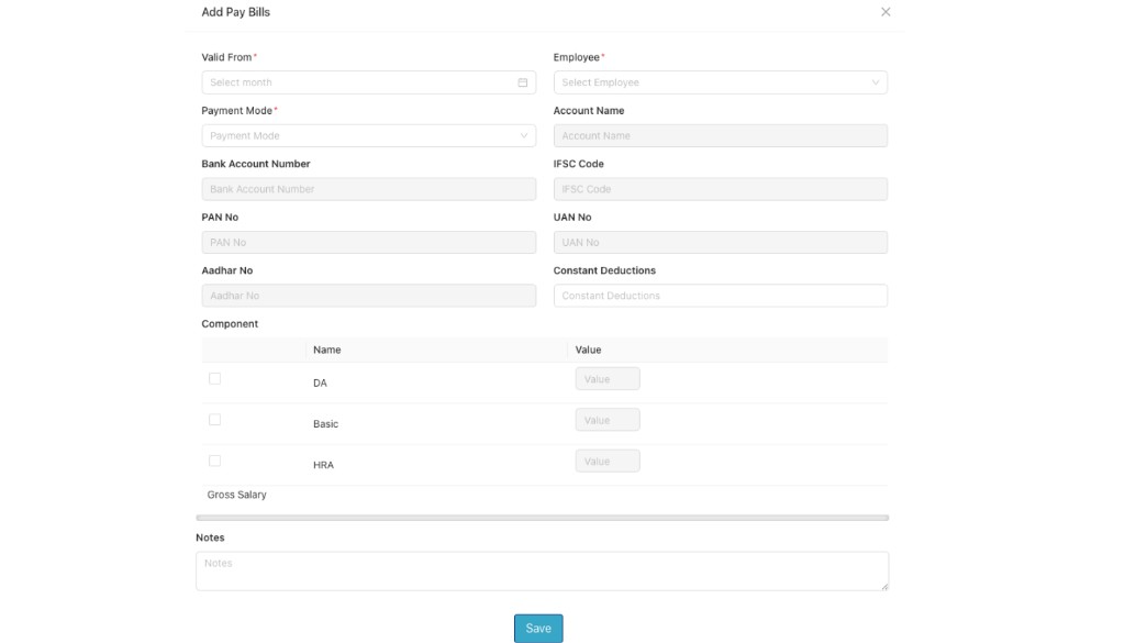 Add Pay Bills form with Valid From, Employee, Payment Mode, Account, bank details, components, Gross Salary, Notes