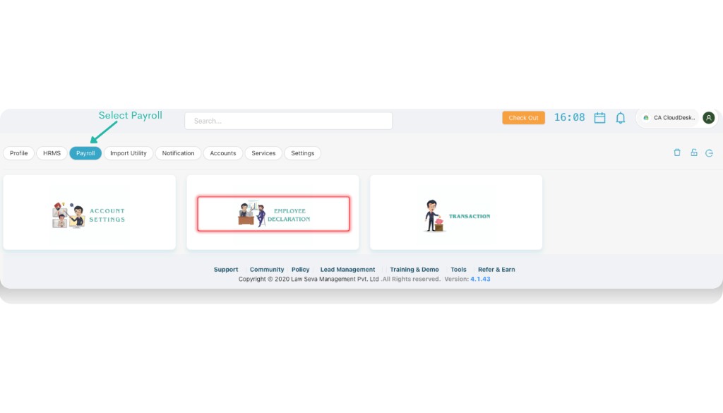 Settings with Payroll selected and Employee Declaration card highlighted