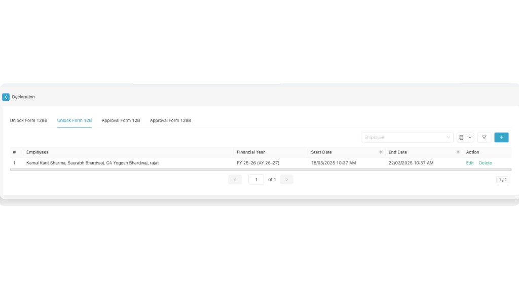 Employee Declaration screen showing Unlock Form tabs