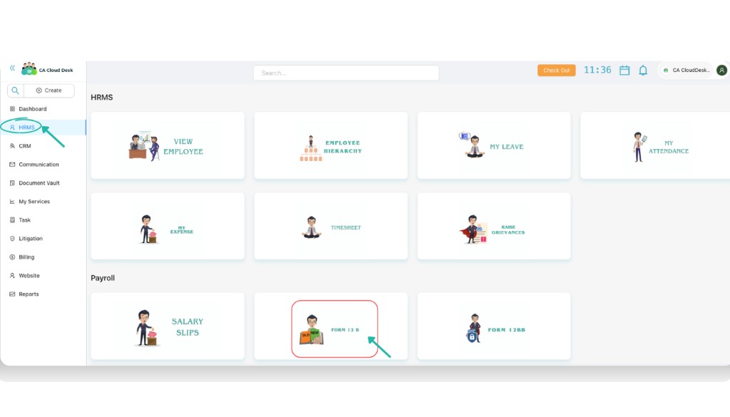 HRMS dashboard highlighting Payroll section and Form 12B / Form 12BB