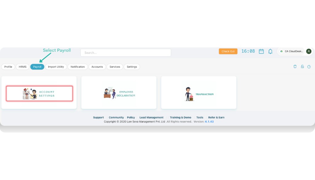 Settings screen with Payroll tab and Account Settings card highlighted