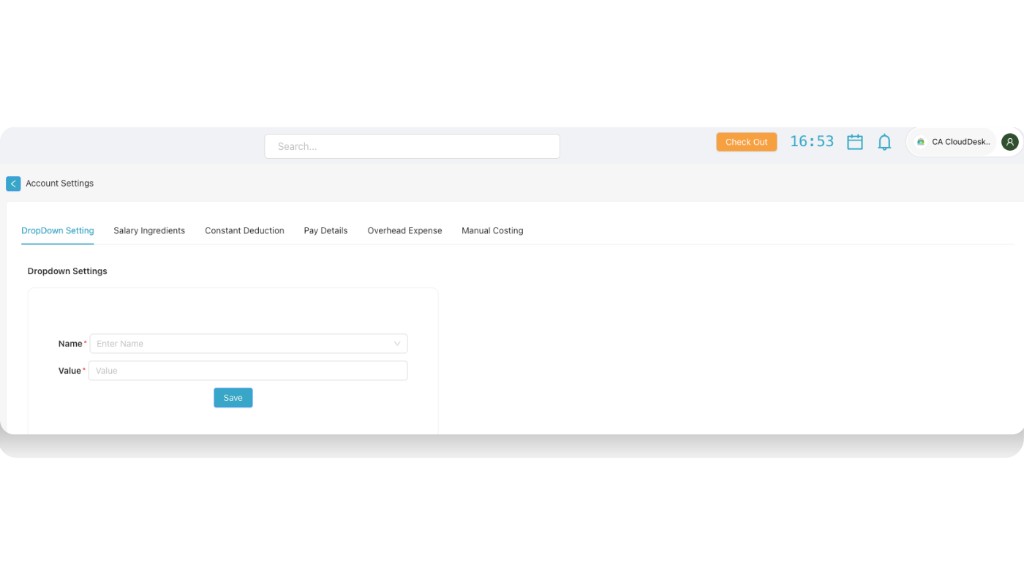 Account Settings screen showing DropDown Setting, Salary Ingredients, Constant Deduction, Pay Details, Overhead Expense, Manual Costing tabs