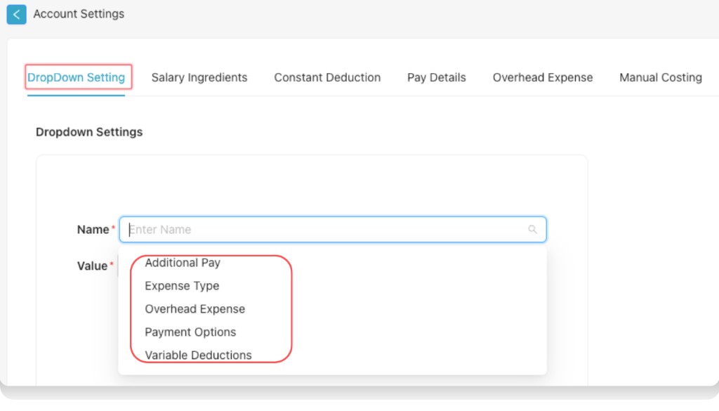 Dropdown Settings tab showing Additional Pay, Expense Type, Overhead Expense, Payment Options, Variable Deductions