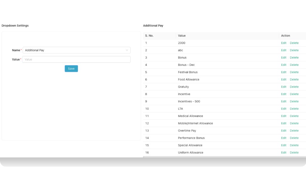 Additional Pay dropdown values list such as Bonus, Gratuity, Food Allowance, Overtime Pay