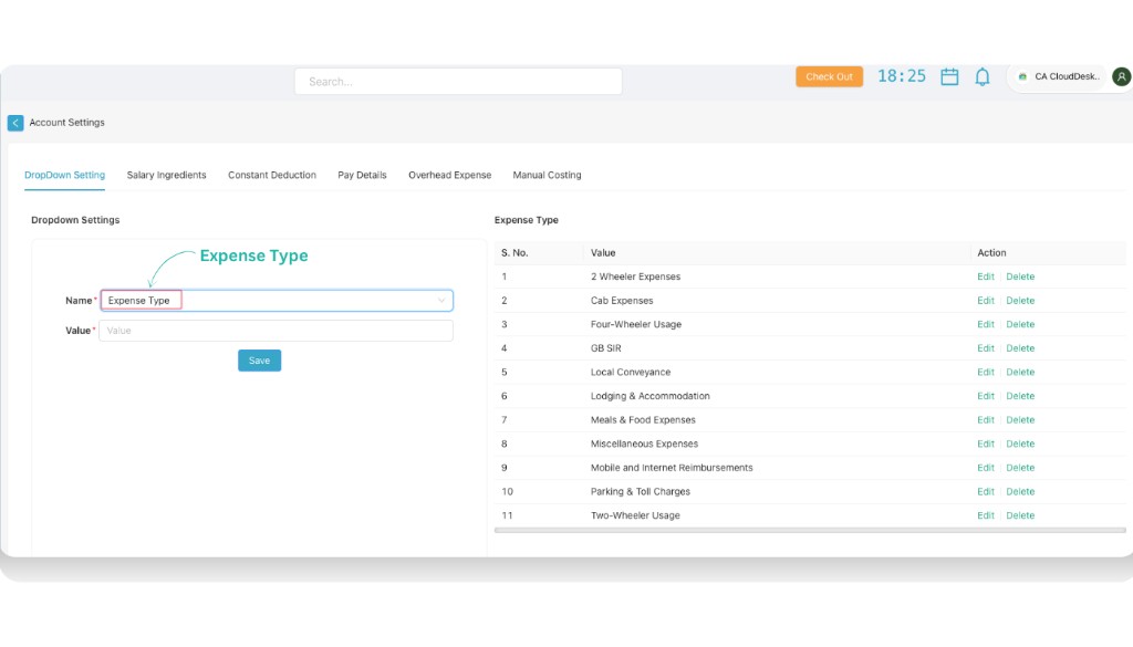 Expense Type dropdown settings with list of expense types