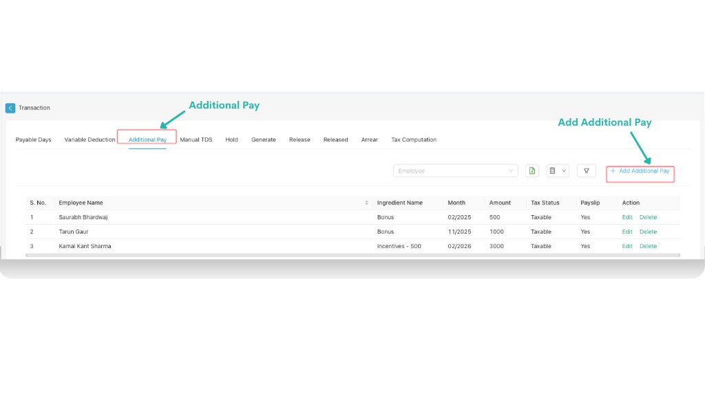 Additional Pay tab with Add Additional Pay button highlighted