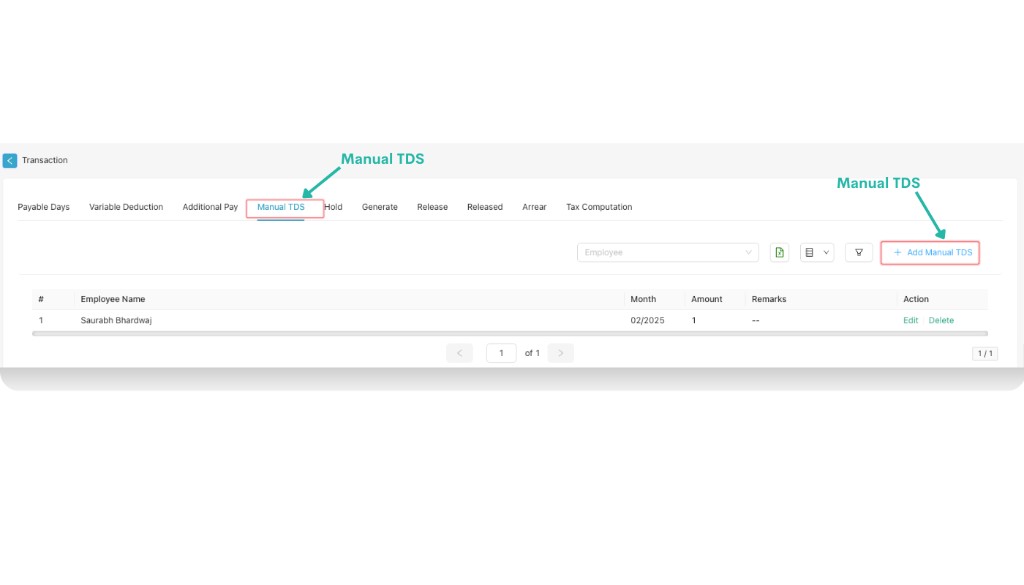 Manual TDS tab with Add Manual TDS button highlighted