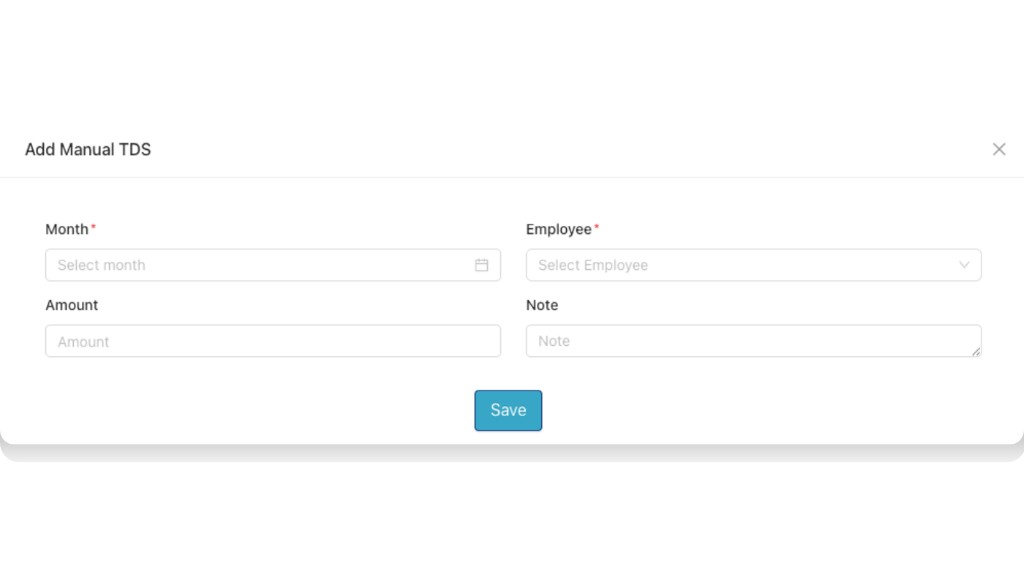 Add Manual TDS popup showing Month, Employee, Amount, Note and Save button