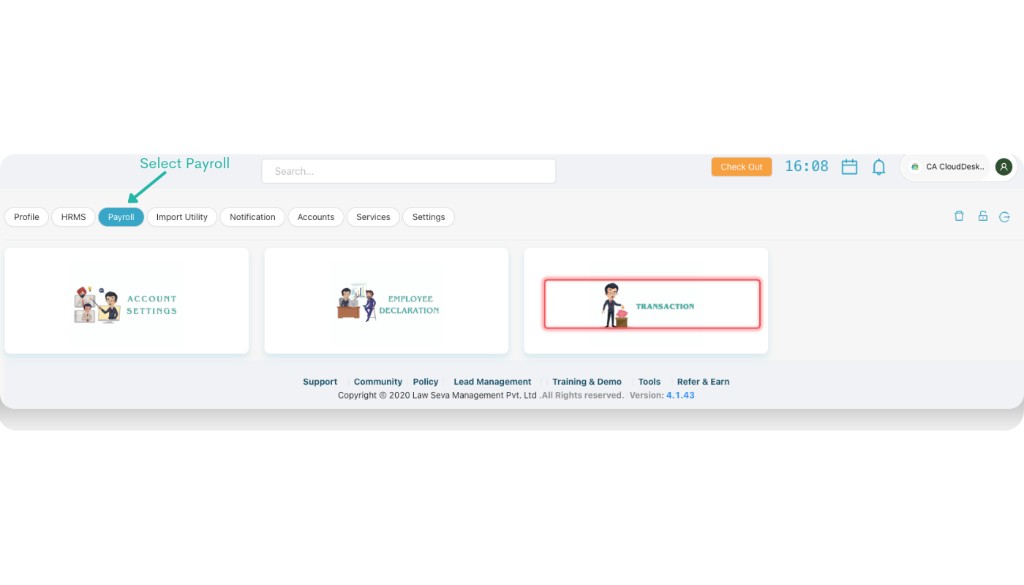 Settings with Payroll selected and Transaction card highlighted